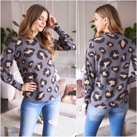 (29)New Women’s Gray Beige Black Leopard Print Comfy Fall Mock Neck Fall Top - Picture 3 of 3